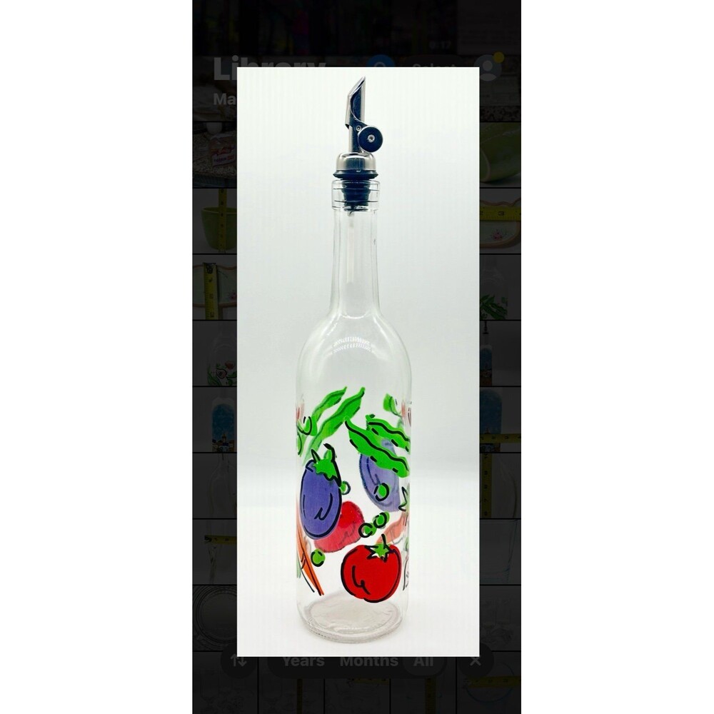 Vintage Glass Oil Vinegar Cruet Bottle Hand Painted Vegetables auto flip pourer